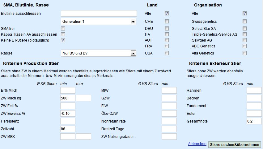 Auf der rechten Seite können Sie sich eine Stierenauswahl zusammenstellen, welche am ehesten Ihrer Betriebsphilosophie entsprechen.