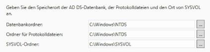 Microsoft Best Practice sagt, das man die Pfadangaben im Standard stehen lassen sollte. Außer es existiert im Server eine schnellere Partition/Festplatte (wie z.b. eine SSD oder RAID Verbund) dann kann man hier die Pfade dahingehend anpassen, der Zugriff auf die NTDS.