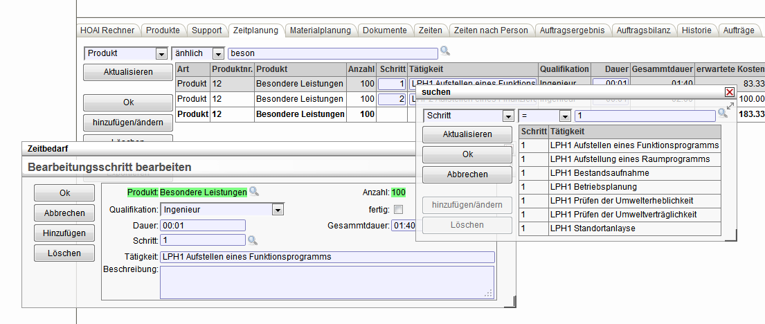 8 Module HOAI Da die Zeitwerte sekundengenau sind, können sich Differenzen bei den kalkulieren und den ermittelten Kosten ergeben. Falls die Einheit des Basisproduktes % ist, werden die Kosten bzw.