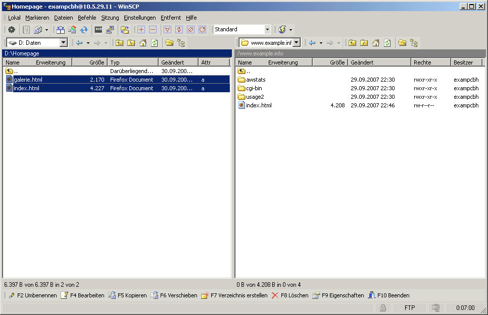 Anschließend können Sie die Dateien von Ihrem PC (links) auf den Server (rechts) laden/kopieren.