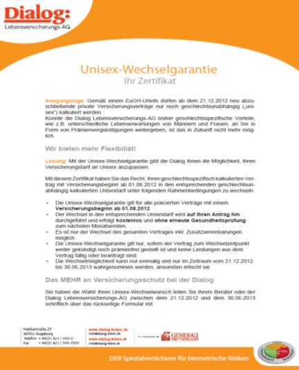 Rahmenbedingungen Unisex-Wechselgarantie