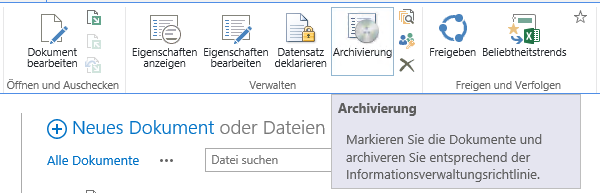 4 dg office archive for SharePoint im Detail 4.1 Archivierungsverfahren Die Archivierung wird über SharePoint-Informationsverwaltungsrichtlinien (Information Management Policies) gesteuert.