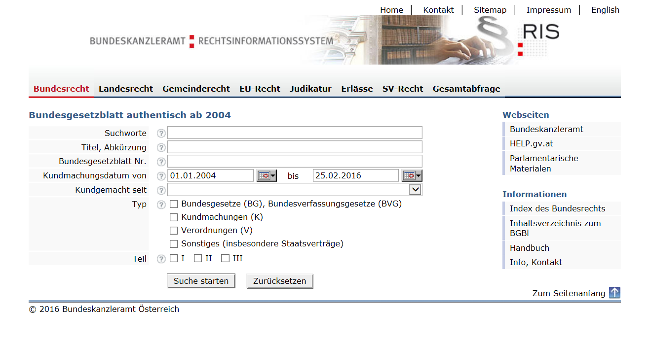 22 Bundesgesetzblatt authentisch ab 2004 Abfragemaske Seit 1.