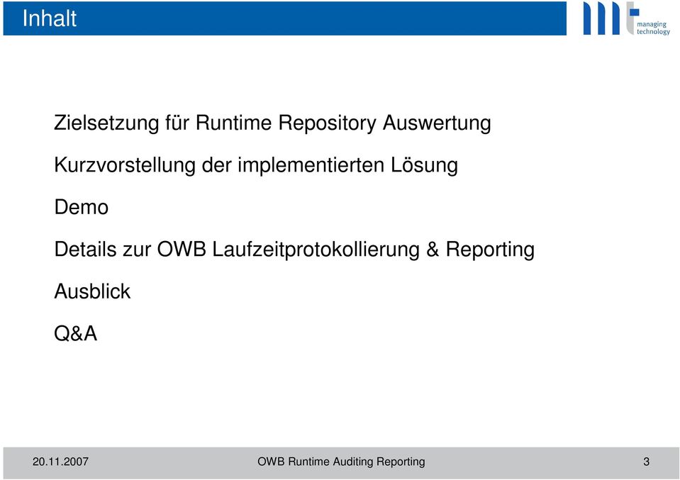Details zur OWB Laufzeitprotokollierung & Reporting