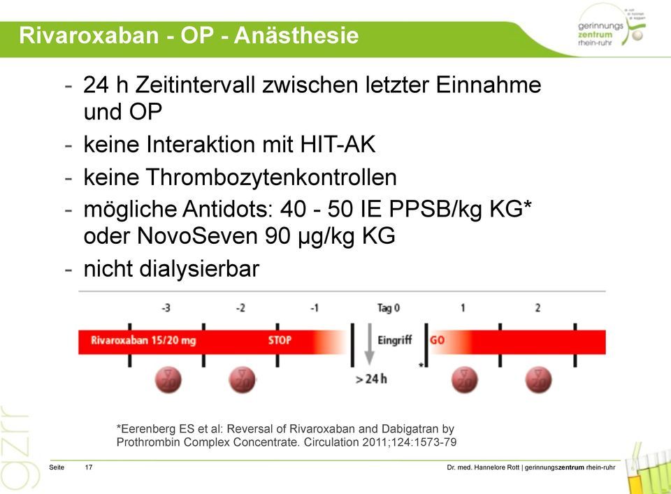 PPSB/kg KG* oder NovoSeven 90 µg/kg KG - nicht dialysierbar *Eerenberg ES et al: Reversal