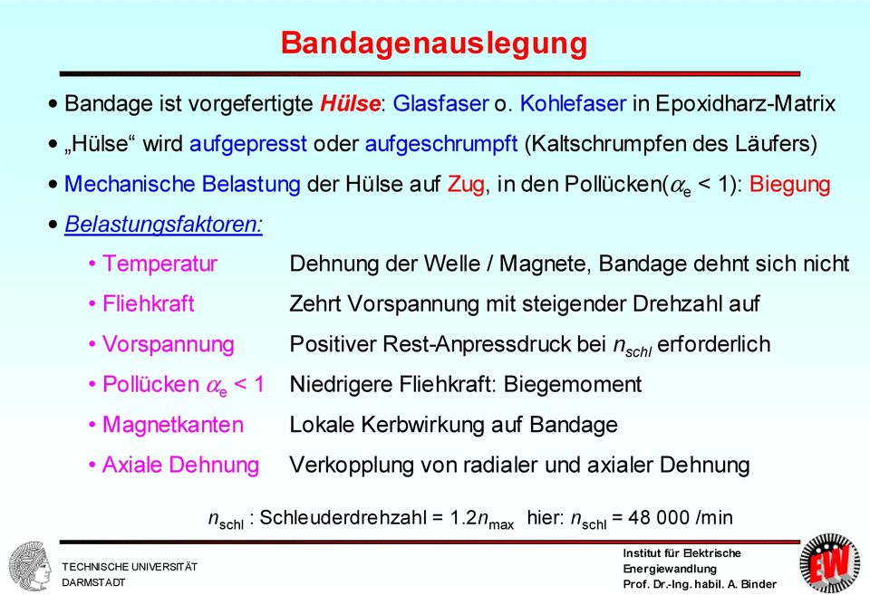 1): Biegung Belastungsfaktoren: Temperatur Fliehkraft Vorspannung Pollücken α e < 1 Magnetkanten Axiale Dehnung Dehnung der Welle / Magnete, Bandage dehnt sich nicht