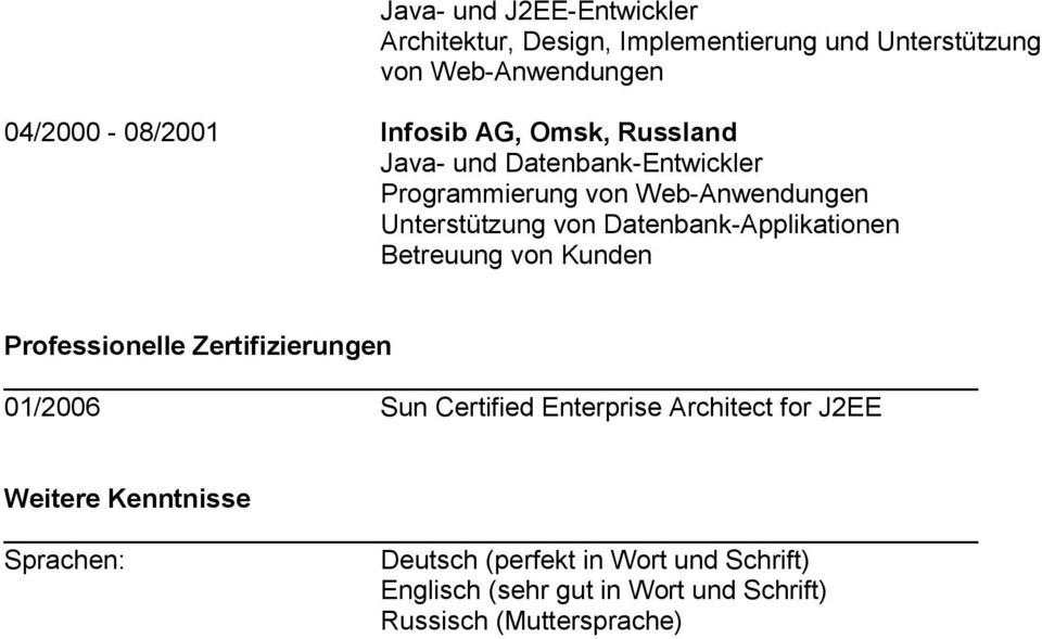 Datenbank-Applikationen Betreuung von Kunden Professionelle Zertifizierungen 01/2006 Sun Certified Enterprise Architect