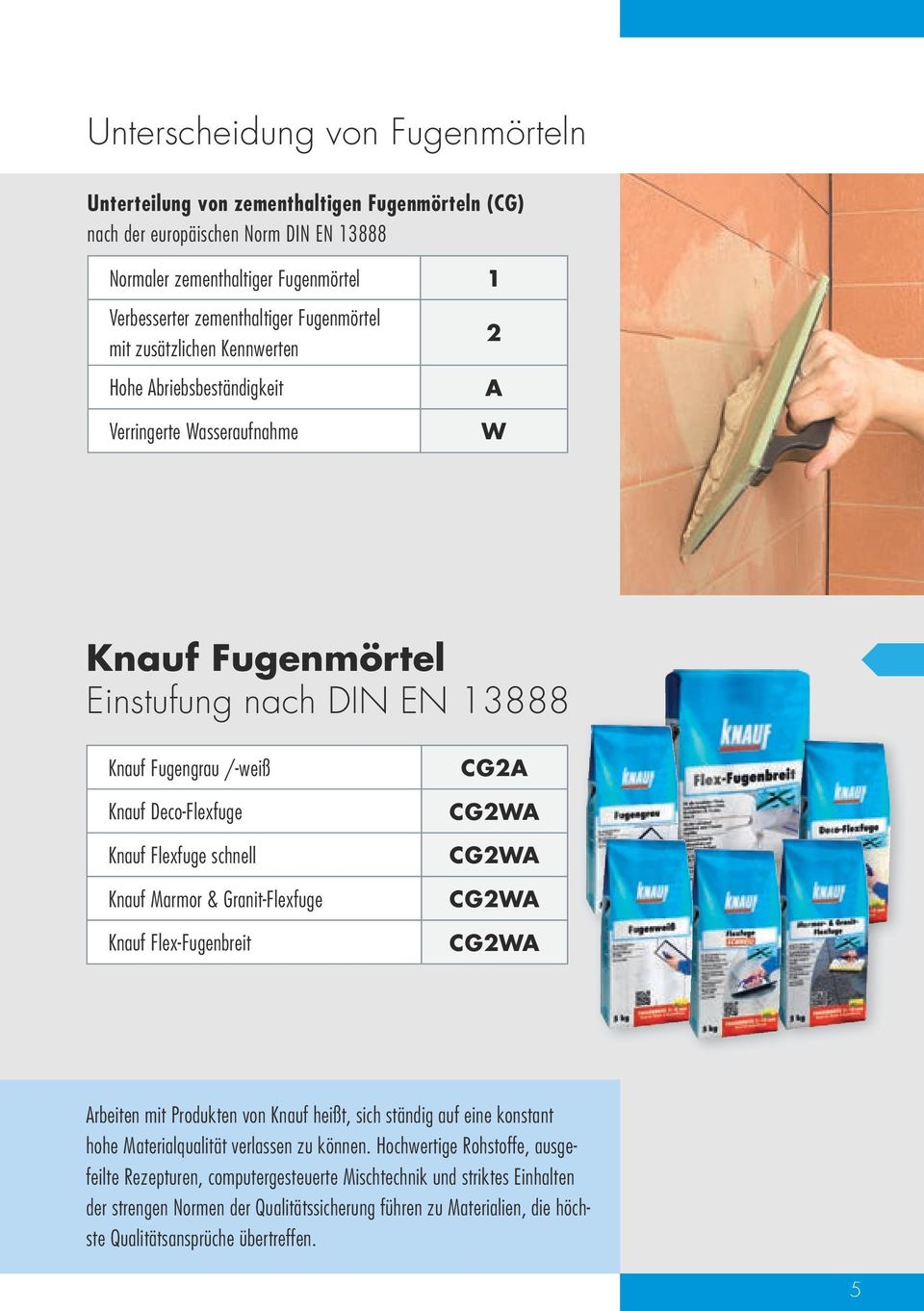Knauf Marmor & Granit-Flexfuge Knauf Flex-Fugenbreit CG2A CG2WA CG2WA CG2WA CG2WA Arbeiten mit Produkten von Knauf heißt, sich ständig auf eine konstant hohe Materialqualität verlassen zu können.