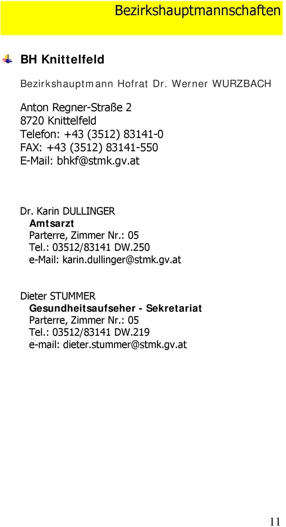 E-Mail: bhkf@stmk.gv.at Dr. Karin DULLINGER Amtsarzt Parterre, Zimmer Nr.: 05 Tel.: 03512/83141 DW.