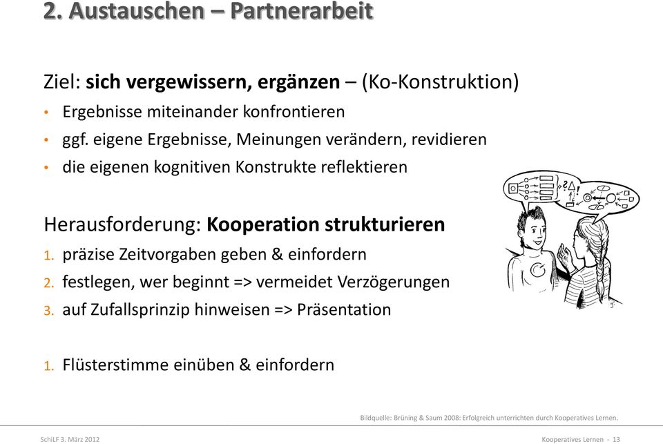 strukturieren 1. präzise Zeitvorgaben geben & einfordern 2. festlegen, wer beginnt => vermeidet Verzögerungen 3.