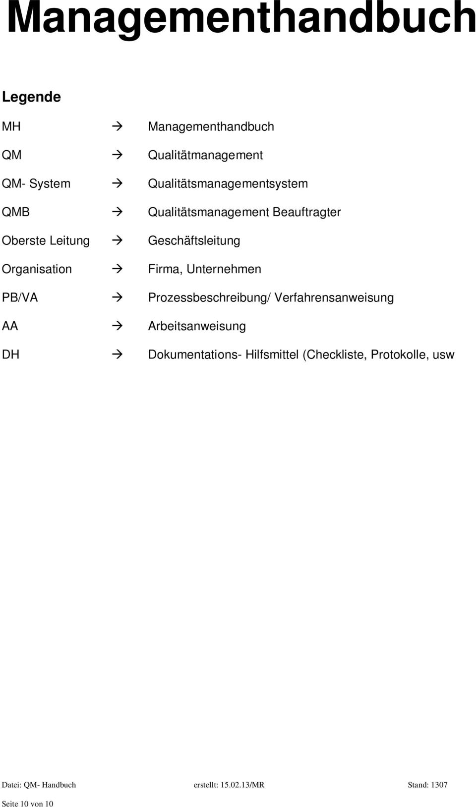 Prozessbeschreibung/ Verfahrensanweisung AA Arbeitsanweisung DH Dokumentations- Hilfsmittel (Checkliste,