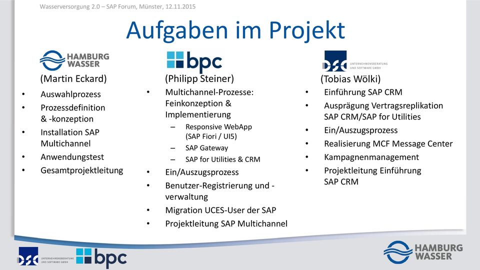 Gateway SAP for Utilities & CRM Ein/Auszugsprozess Benutzer-Registrierung und - verwaltung Migration UCES-User der SAP Projektleitung SAP Multichannel
