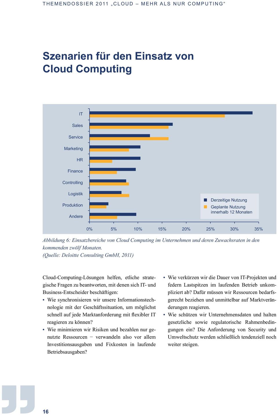 (Quelle: Deloitte Consulting GmbH, 2011) Cloud-Computing-Lösungen helfen, etliche strategische Fragen zu beantworten, mit denen sich IT- und Business-Entscheider beschäftigen: Wie synchronisieren wir