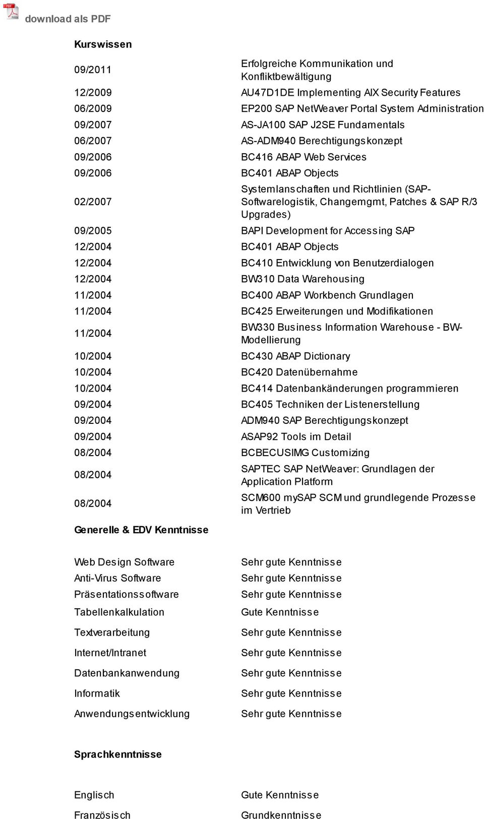 Softwarelogistik, Changemgmt, Patches & SAP R/3 Upgrades) 09/2005 BAPI Development for Accessing SAP 12/2004 BC401 ABAP Objects 12/2004 BC410 Entwicklung von Benutzerdialogen 12/2004 BW310 Data