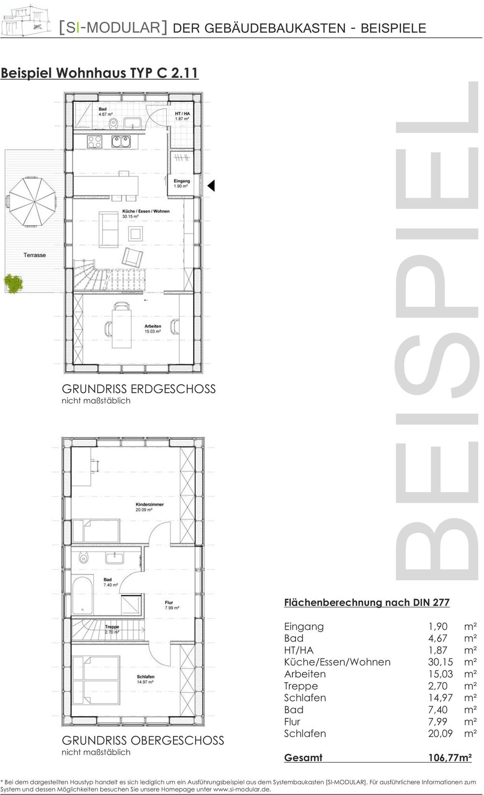 4,67 m² HT/HA 1,87 m² Küche/Essen/Wohnen 30,15 m² Arbeiten 15,03 m² Treppe 2,70 m² Schlafen 14,97 m² Bad 7,40 m² Flur 7,99 m² Schlafen 20,09 m²