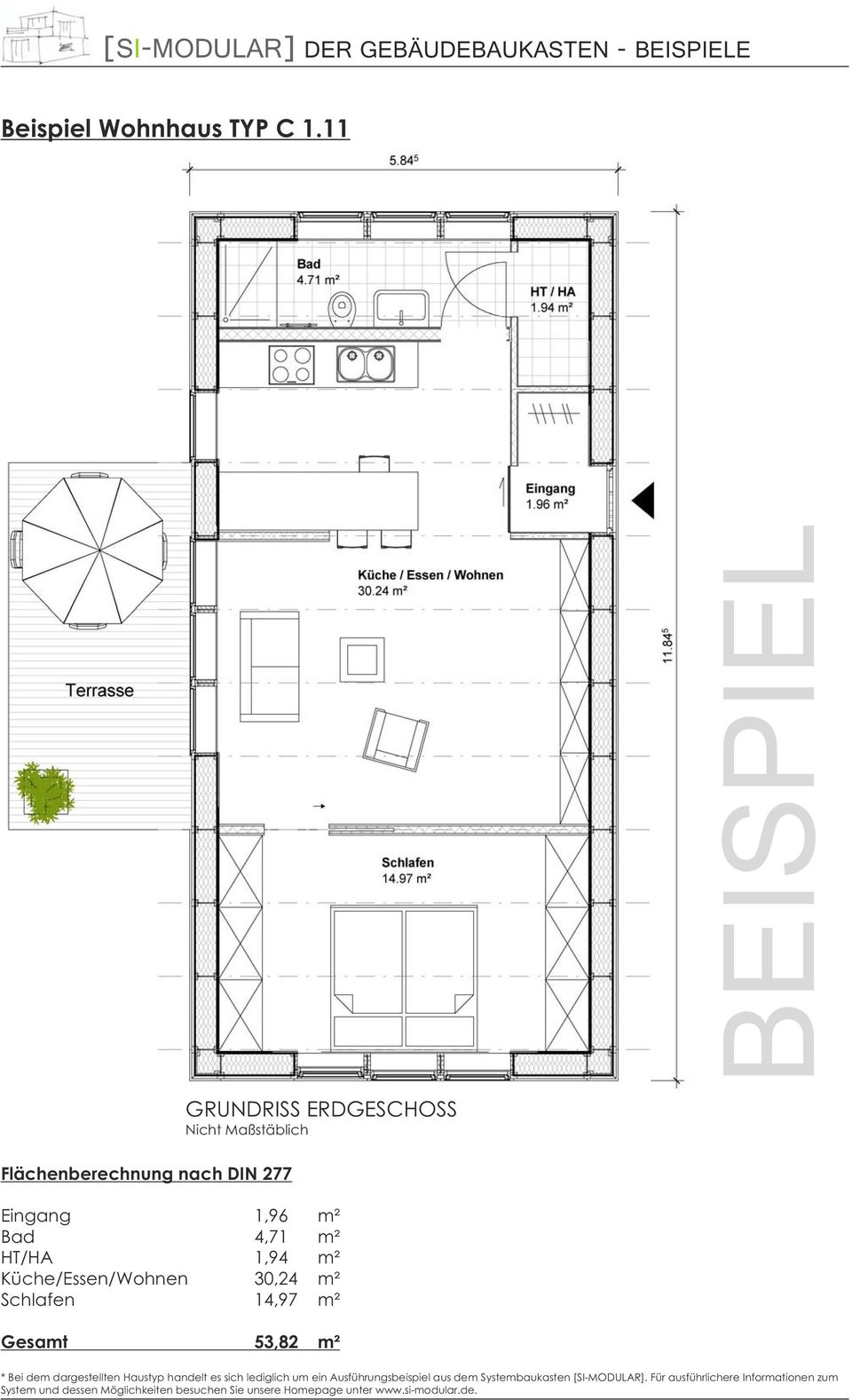 HT/HA 1,94 m² Küche/Essen/Wohnen 30,24 m² Schlafen 14,97 m² Gesamt 53,82 m² * Bei dem dargestellten Haustyp