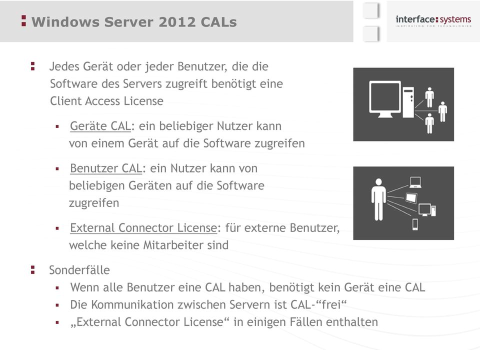 Software zugreifen External Connector License: für externe Benutzer, welche keine Mitarbeiter sind Sonderfälle Wenn alle Benutzer eine CAL