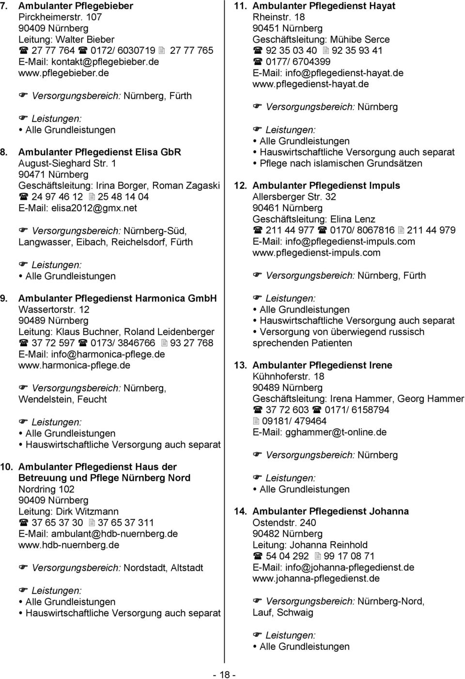 net Versorgungsbereich: Nürnberg-Süd, Langwasser, Eibach, Reichelsdorf, Fürth 9. Ambulanter Pflegedienst Harmonica GmbH Wassertorstr.