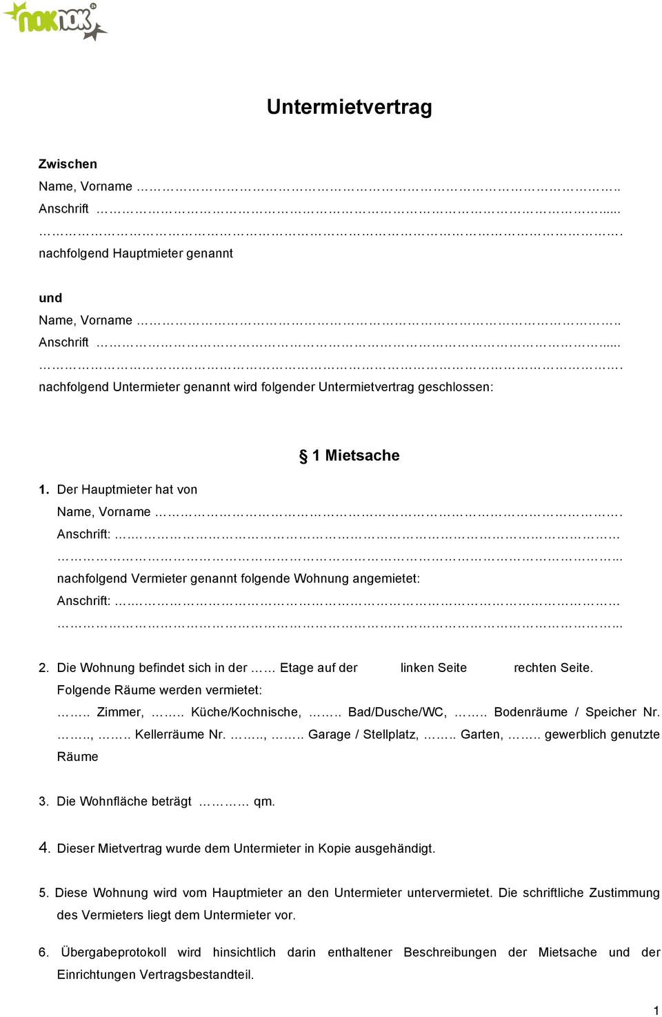 Untermietvertrag 1 Mietsache Pdf Kostenfreier Download