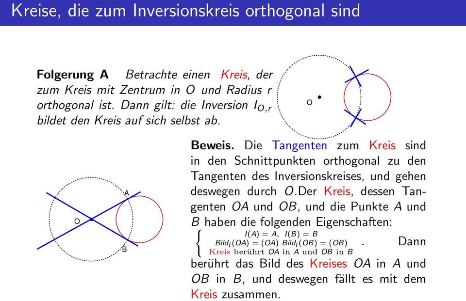 Die Tangenten zum Kreis sind in den Schnittpunkten orthogonal zu den Tangenten des Inversionskreises, und gehen deswegen durch O.
