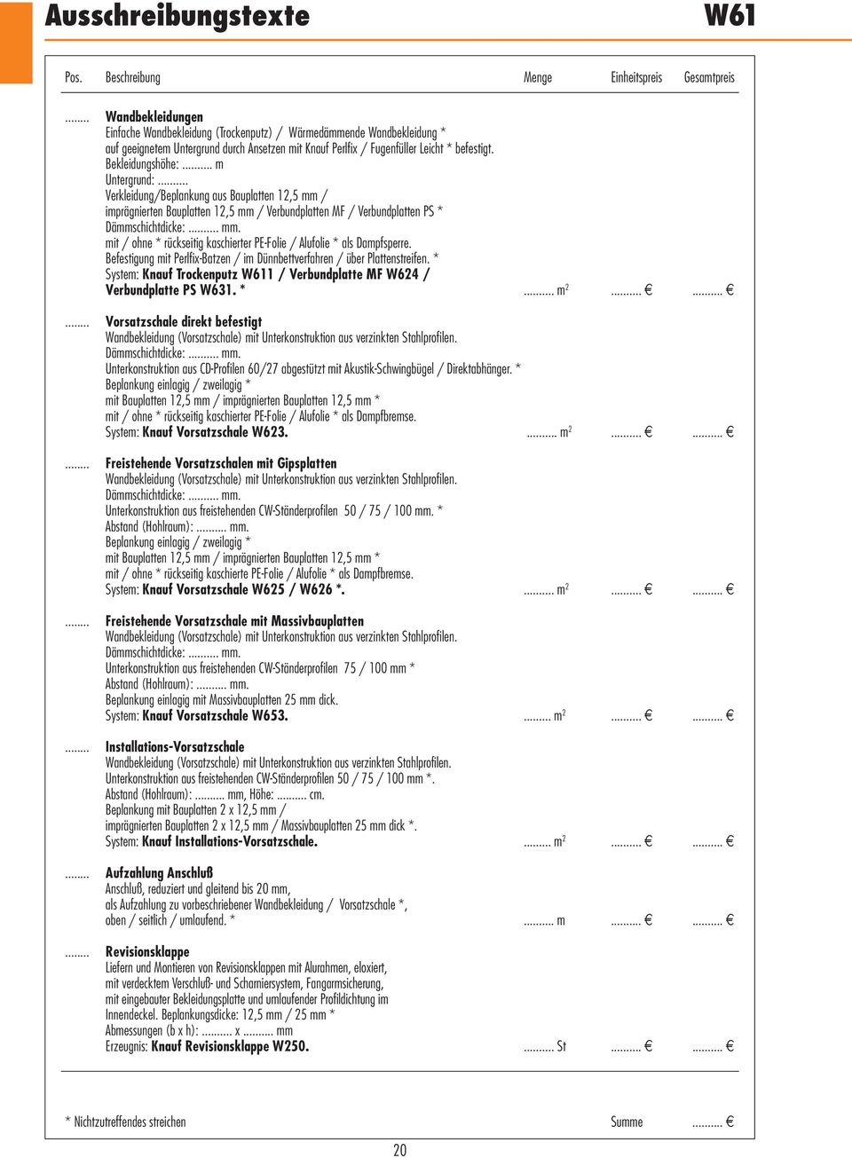 Bekleidungshöhe:... m Untergrund:... Verkleidung/Beplankung aus Bauplatten 12,5 mm / imprägnierten Bauplatten 12,5 mm / Verbundplatten MF / Verbundplatten PS * Dämmschichtdicke:... mm. mit / ohne * rückseitig kaschierter PE-Folie / Alufolie * als Dampfsperre.