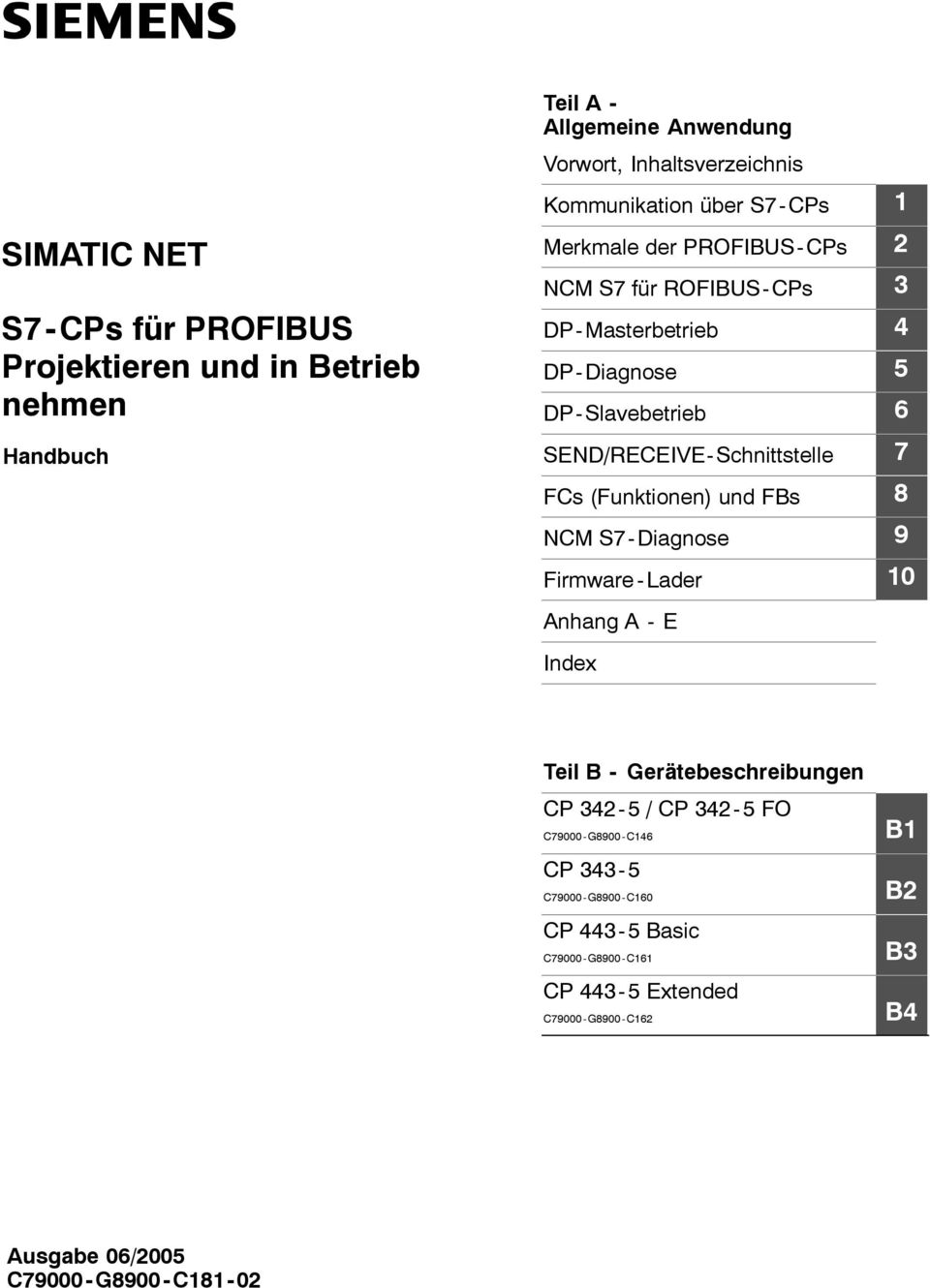 SEND/RECEIVE- Schnittstelle 7 FCs (Funktionen) und FBs 8 NCM S7- Diagnose 9 Firmware - Lader 10 Anhang A - E Index Teil B -