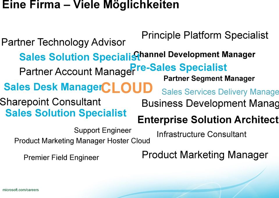 Engineer CLOUD Support Engineer Product Marketing Manager Hoster Cloud Channel Development Manager Partner Segment Manager