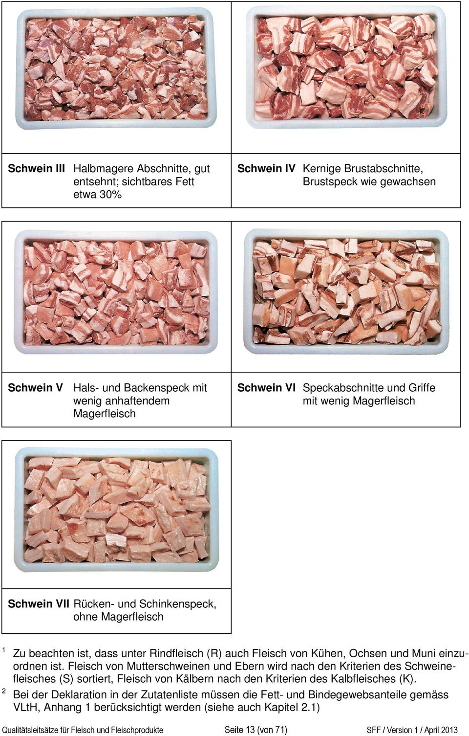 Kühen, Ochsen und Muni einzuordnen ist. Fleisch von Mutterschweinen und Ebern wird nach den Kriterien des Schweinefleisches (S) sortiert, Fleisch von Kälbern nach den Kriterien des Kalbfleisches (K).