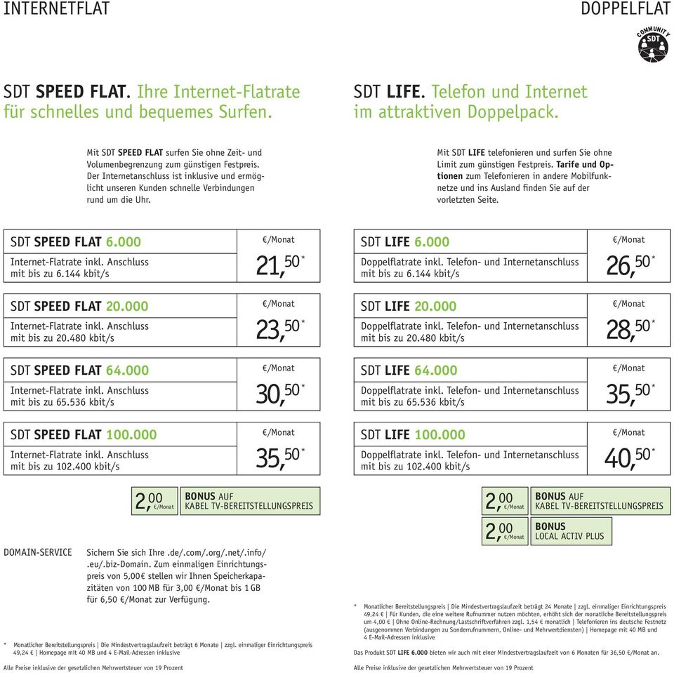 Mit SDT LIFE telefonieren und surfen Sie ohne Limit zum günstigen Festpreis. Tarife und Optionen zum Telefonieren in andere Mobilfunknetze und ins Ausland finden Sie auf der vorletzten Seite.