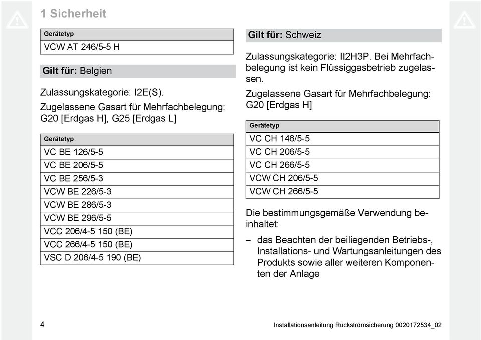 150 (BE) VSC D 206/4-5 190 (BE) Gilt für: Schweiz Zulassungskategorie: II2H3P. Bei Mehrfachbelegung ist kein Flüssiggasbetrieb zugelassen.