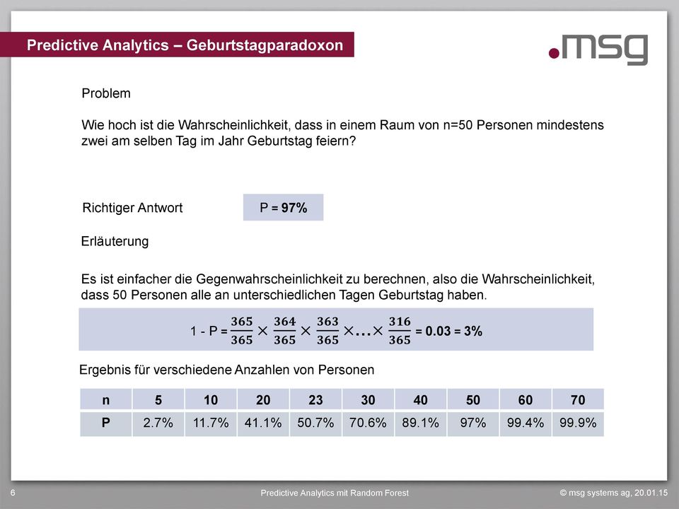 Richtiger Antwort P = 97% Erläuterung Es ist einfacher die Gegenwahrscheinlichkeit zu berechnen, also die Wahrscheinlichkeit, dass 50