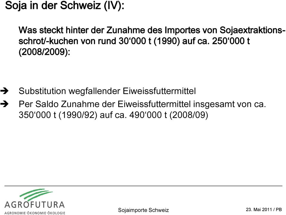250 000 t (2008/2009): Substitution wegfallender Eiweissfuttermittel Per