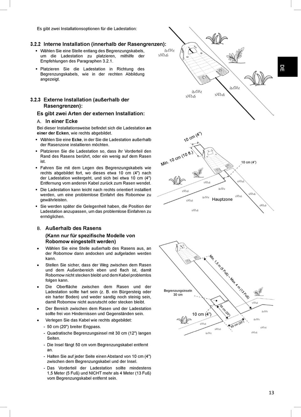 Platzieren Sie die Ladestation in Richtung des Begrenzungskabels, wie in der rechten Abbildung angezeigt. DE 3.2.