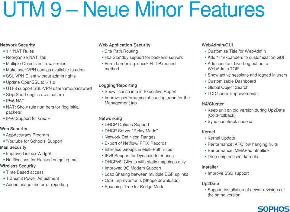 0 UTF8 support SSL-VPN username/password Ship Snort engine as a pattern IPv6 NAT NAT: Show rule numbers for "log initial packets" IPv6 Support for GeoIP Web Security AppAccuracy Program 'Youtube for