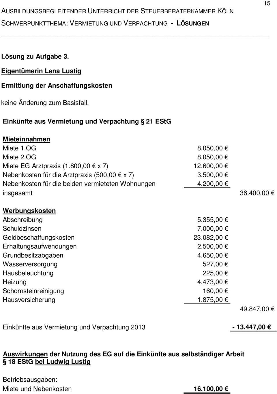 40000 Abschreibung 5.35500 Schuldzinsen 7.00000 Geldbeschaffungskosten 23.08200 Erhaltungsaufwendungen 2.50000 Grundbesitzabgaben 4.65000 Wasserversorgung 52700 Hausbeleuchtung 22500 Heizung 4.