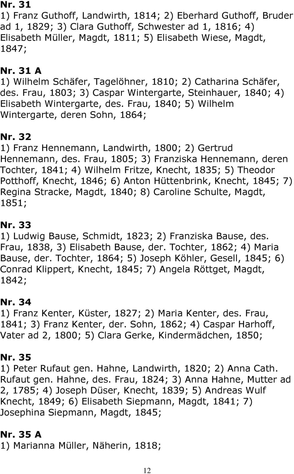 Frau, 1840; 5) Wilhelm Wintergarte, deren Sohn, 1864; Nr. 32 1) Franz Hennemann, Landwirth, 1800; 2) Gertrud Hennemann, des.