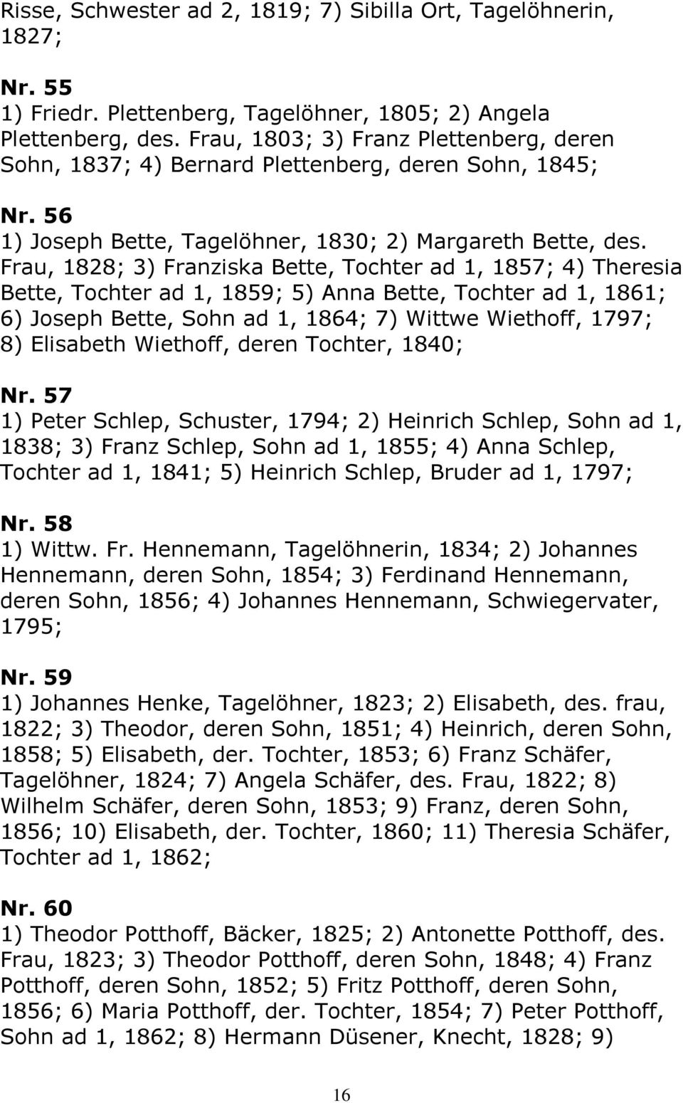 Frau, 1828; 3) Franziska Bette, Tochter ad 1, 1857; 4) Theresia Bette, Tochter ad 1, 1859; 5) Anna Bette, Tochter ad 1, 1861; 6) Joseph Bette, Sohn ad 1, 1864; 7) Wittwe Wiethoff, 1797; 8) Elisabeth