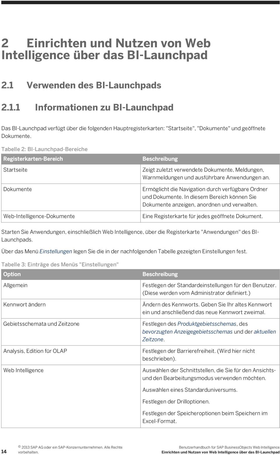 Tabelle 2: BI-Launchpad-Bereiche Registerkarten-Bereich Startseite Dokumente Web-Intelligence-Dokumente Beschreibung Zeigt zuletzt verwendete Dokumente, Meldungen, Warnmeldungen und ausführbare