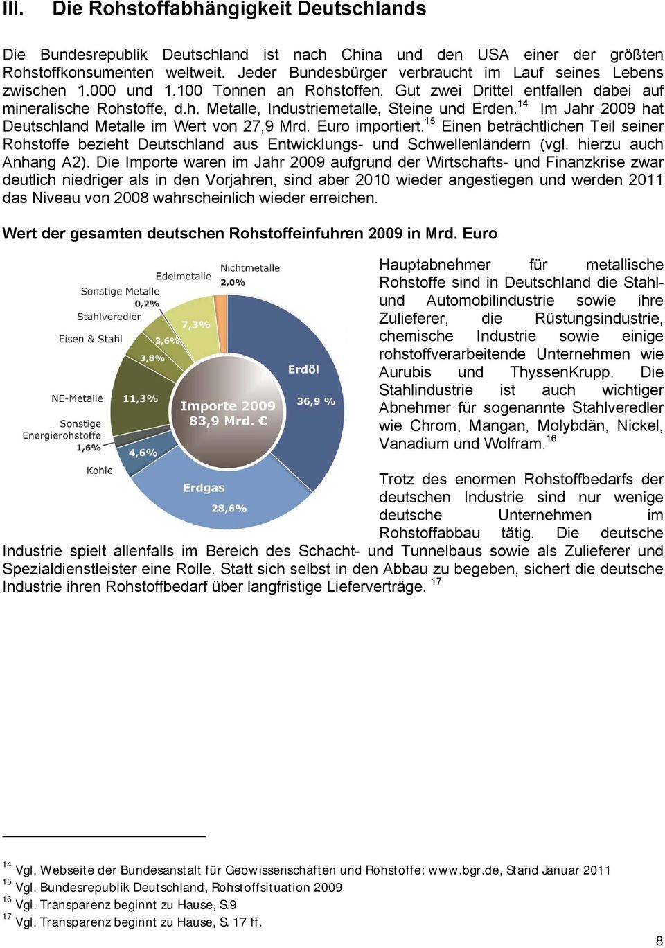 14 Im Jahr 2009 hat Deutschland Metalle im Wert von 27,9 Mrd. Euro importiert. 15 Einen beträchtlichen Teil seiner Rohstoffe bezieht Deutschland aus Entwicklungs- und Schwellenländern (vgl.