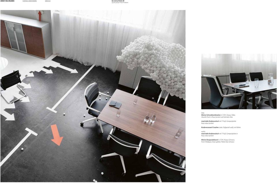 meet:table Konferenztisch mit T-Fuß, Compactplatte Nuss natur furniert Konferenzsessel Crossline Leder, Fußgestell weiß, mit