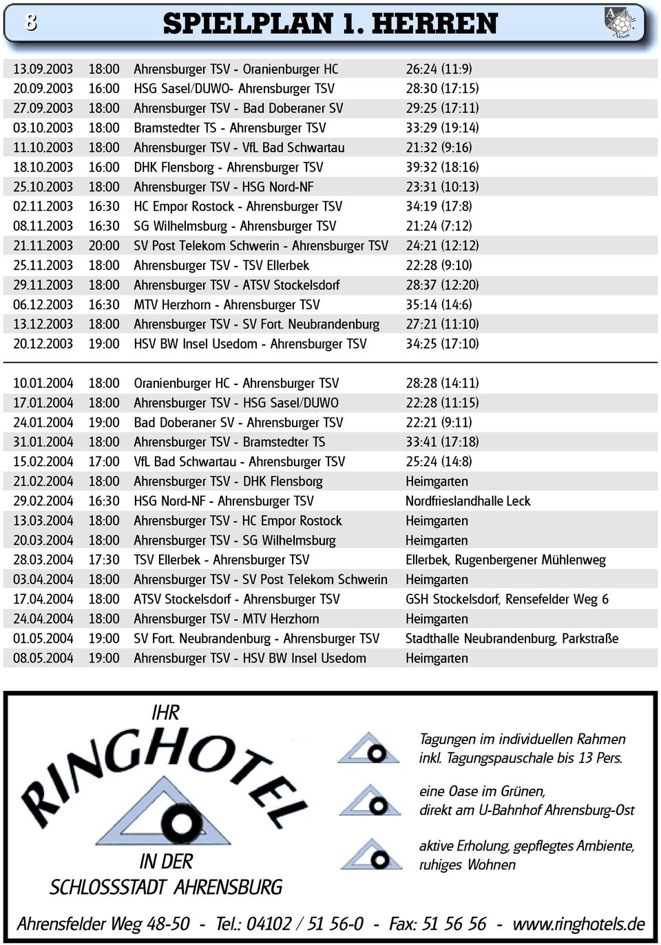 11.2003 16:30 HC Empor Rostock - Ahrensburger TSV 34:19 (17:8) 08.11.2003 16:30 SG Wilhelmsburg - Ahrensburger TSV 21:24 (7:12) 21.11.2003 20:00 SV Post Telekom Schwerin - Ahrensburger TSV 24:21 (12:12) 25.