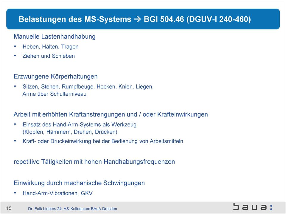 Rumpfbeuge, Hocken, Knien, Liegen, Arme über Schulterniveau Arbeit mit erhöhten Kraftanstrengungen und / oder Krafteinwirkungen Einsatz des