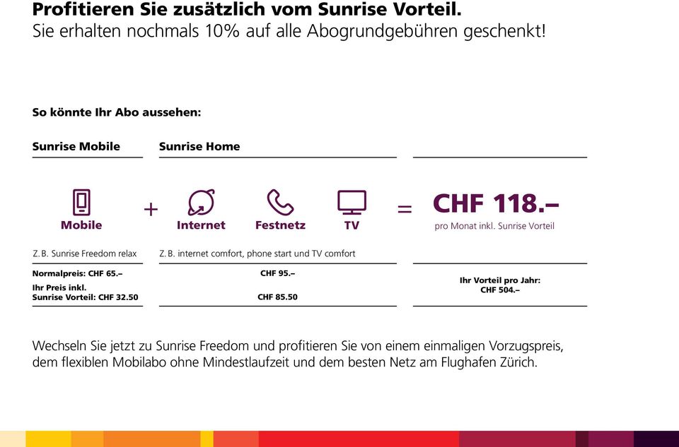 Sunrise Freedom relax Normalpreis: CHF 65. Ihr Preis inkl. Sunrise Vorteil: CHF 32.50 Z. B. internet comfort, phone start und TV comfort CHF 95. CHF 85.