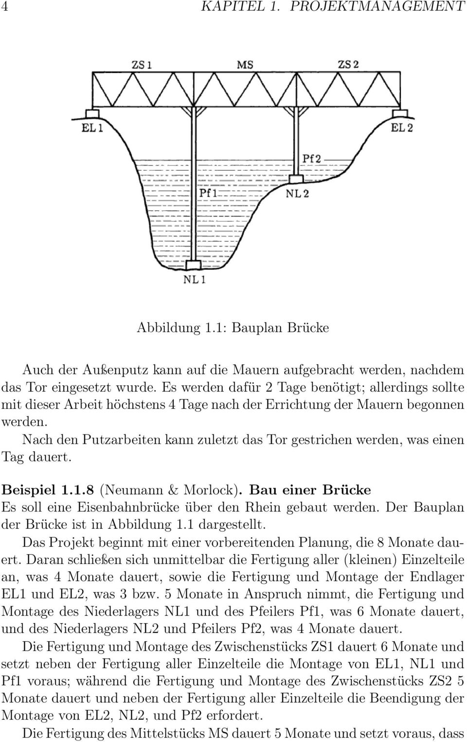 Nach den Putzarbeiten kann zuletzt das Tor gestrichen werden, was einen Tag dauert. Beispiel 1.1.8 (Neumann & Morlock). Bau einer Brücke Es soll eine Eisenbahnbrücke über den Rhein gebaut werden.