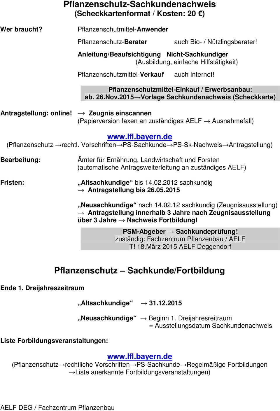 2015 Vorlage Sachkundenachweis (Scheckkarte) Antragstellung: online! Zeugnis einscannen (Papierversion faxen an zuständiges AELF Ausnahmefall) www.lfl.bayern.de (Pflanzenschutz rechtl.