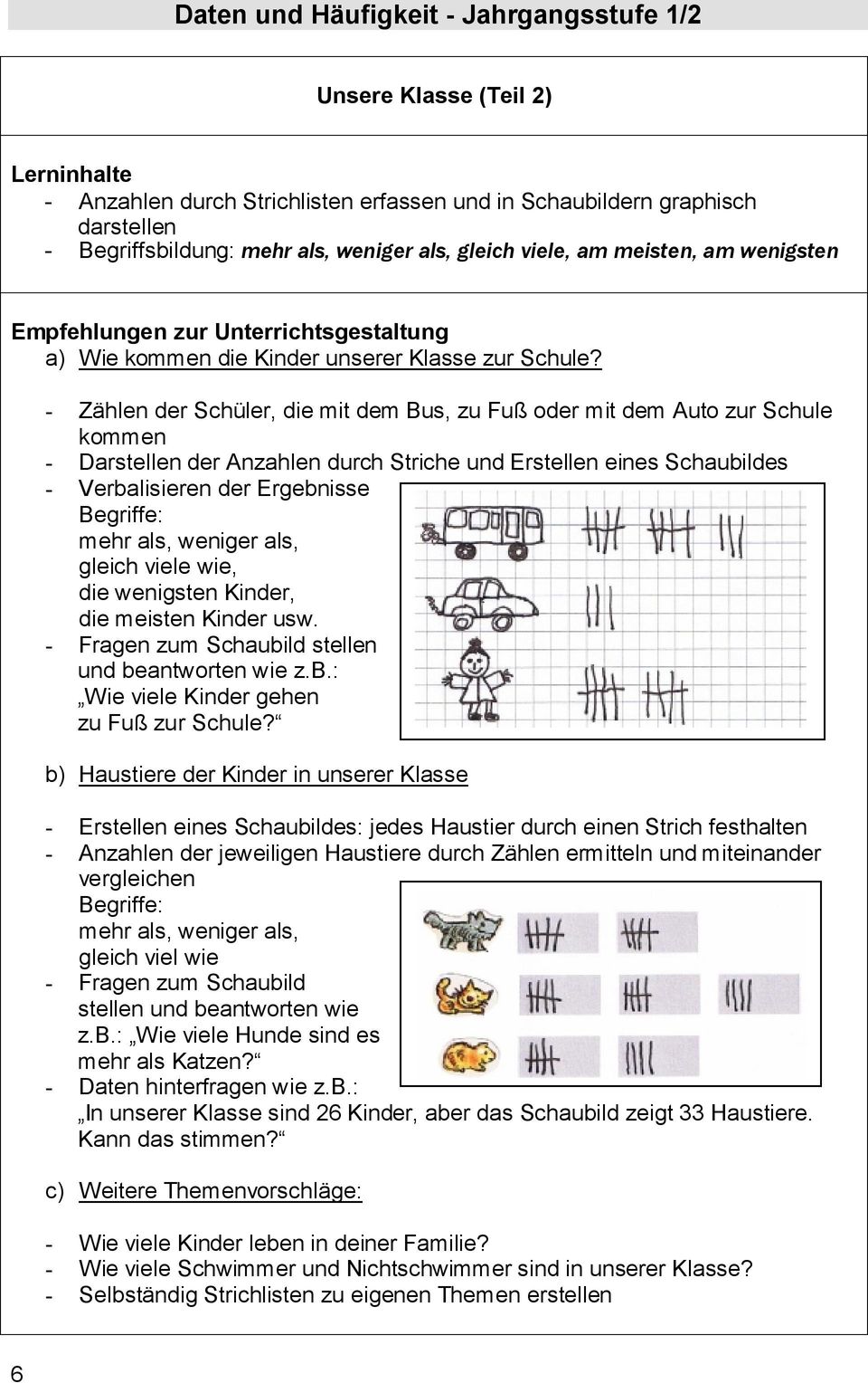 - Zählen der Schüler, die mit dem Bus, zu Fuß oder mit dem Auto zur Schule kommen - Darstellen der Anzahlen durch Striche und Erstellen eines Schaubildes - Verbalisieren der Ergebnisse Begriffe: mehr