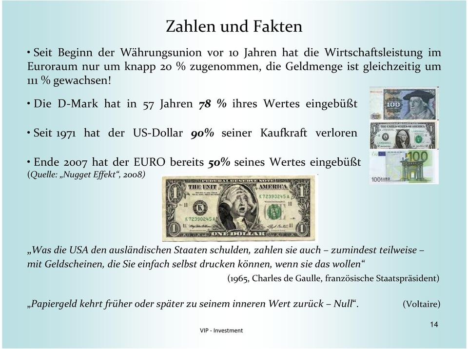 Die D-Mark hat in 57 Jahren 78 % ihres Wertes eingebüßt Seit 1971 hat der US-Dollar 90% seiner Kaufkraft verloren Ende 2007 hat der EURO bereits 50% seines Wertes