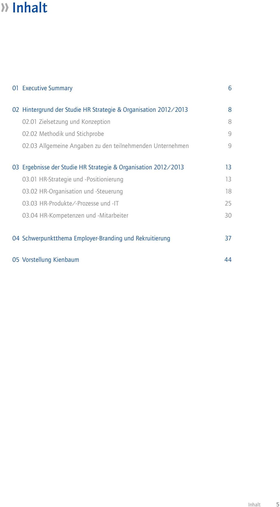 03 Allgemeine Angaben zu den teilnehmenden Unternehmen 9 03 Ergebnisse der Studie HR Strategie & Organisation 2012/2013 13 03.