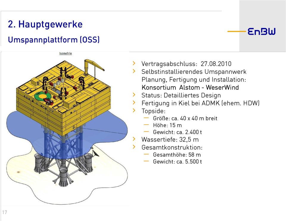 WeserWind Status: Detailliertes Design Fertigung in Kiel bei ADMK (ehem. HDW) Topside: Größe: ca.
