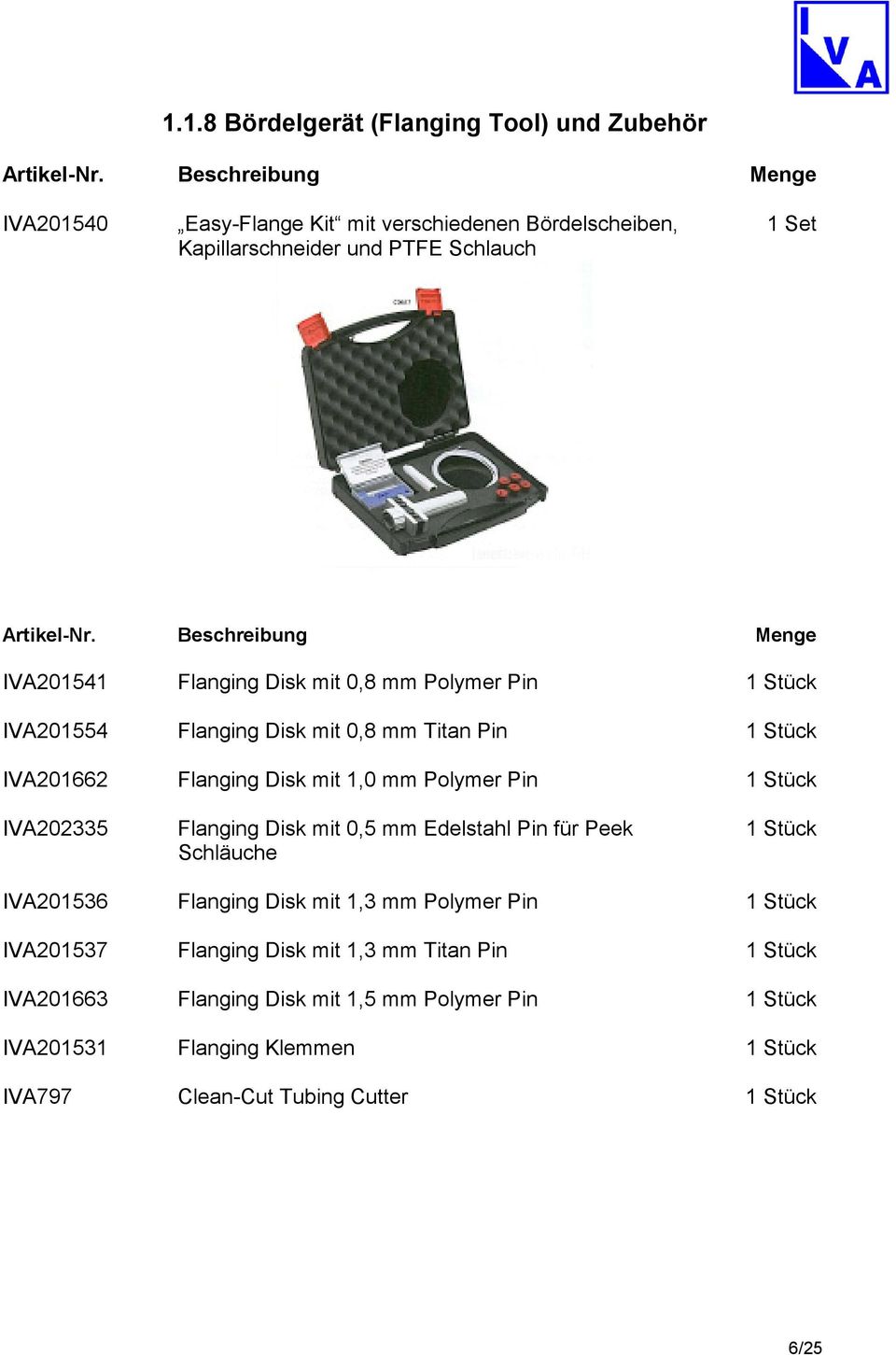 Beschreibung Menge IVA201541 Flanging Disk mit 0,8 mm Polymer Pin IVA201554 Flanging Disk mit 0,8 mm Titan Pin IVA201662 Flanging Disk mit 1,0 mm Polymer